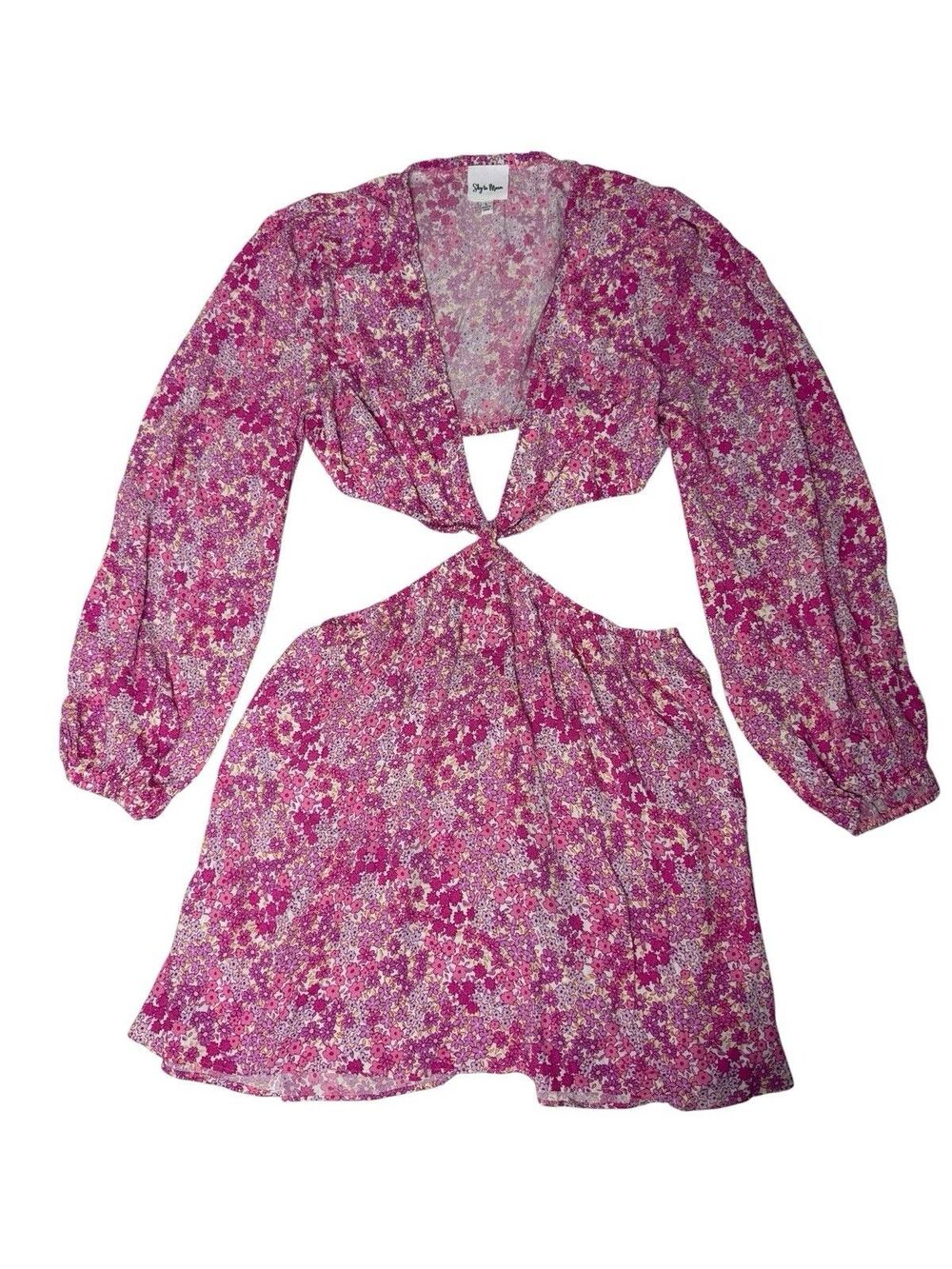 Sky to Moon Pink Floral Cutout Mini Dress Long Sleeve Open Front Size L NWOT - Picture 2 of 10